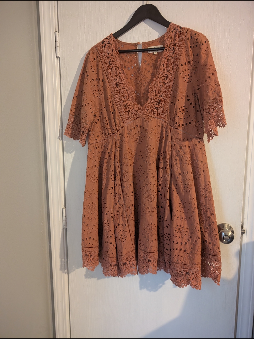 Boho Eyelet Lace V-Neck Dress in Rust